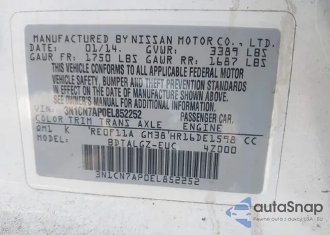 2014 Nissan Versa 1.6 Sl from USA, damaged, VIN 3N1CN7AP0EL852252